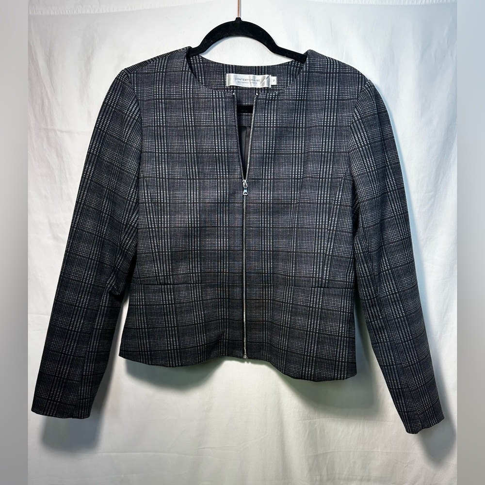 Contemporaine Classic Plaid Zip-Front Women's Jacket - Black/Gray